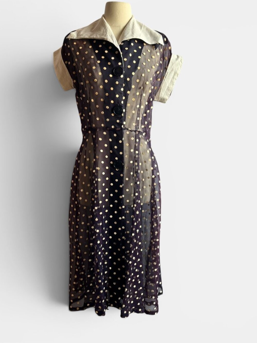Vintage 1950s Navy Blue Polka Dot Fit & Flare Button Down Day Dress